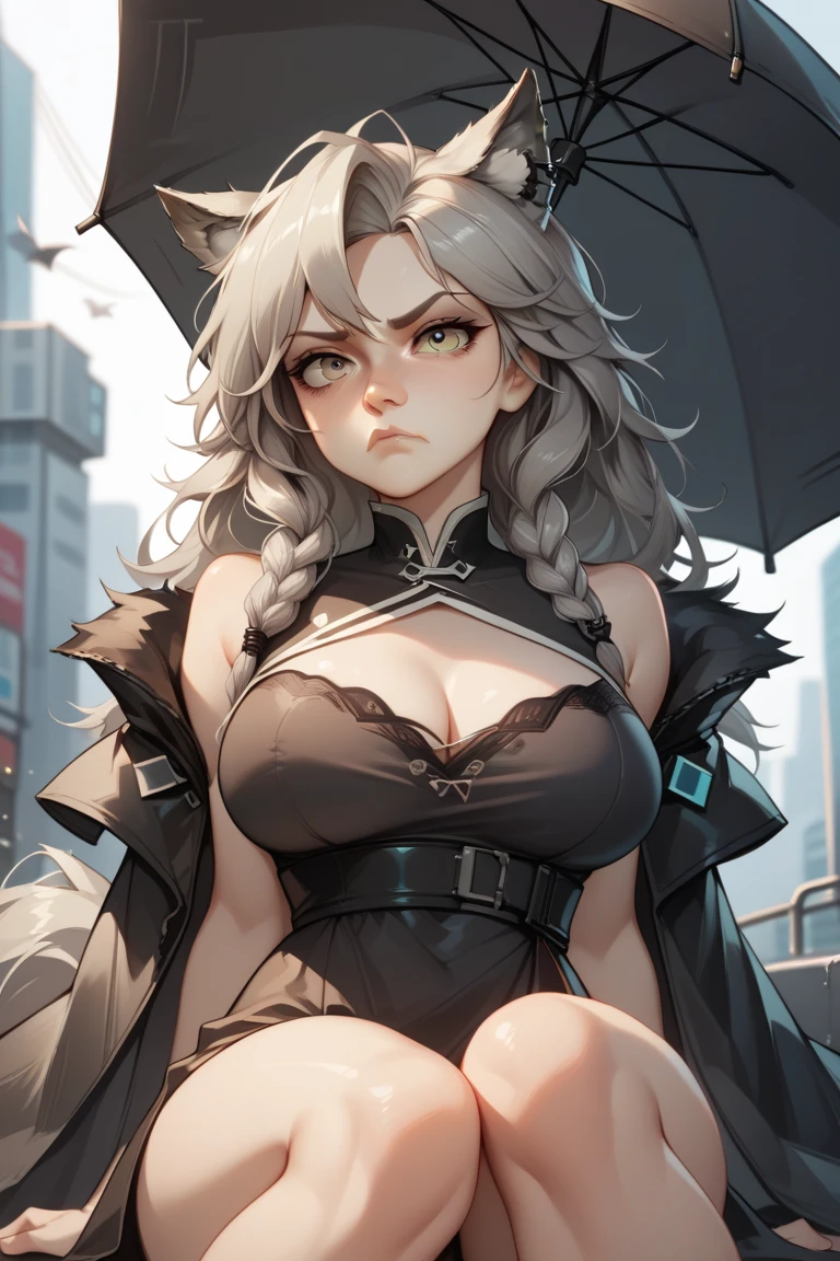 Penance, Arknights, Cute Girl, Medium Boobs, Black Umbrella, Black themed dress, Gray hair, Tangled Hair, Wolf Ears, Wolf Tail, Wolf Hair, Judge, serious face, mature, Tsundere, Futuristic Background, wallpaper