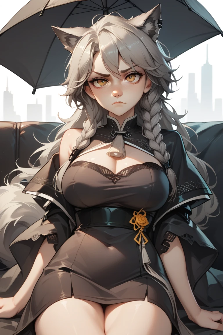 Penance, Arknights, Cute Girl, Medium Boobs, Black Umbrella, Black themed dress, Gray hair, Tangled Hair, Wolf Ears, Wolf Tail, Wolf Hair, Judge, serious face, mature, Tsundere, Futuristic Background, wallpaper