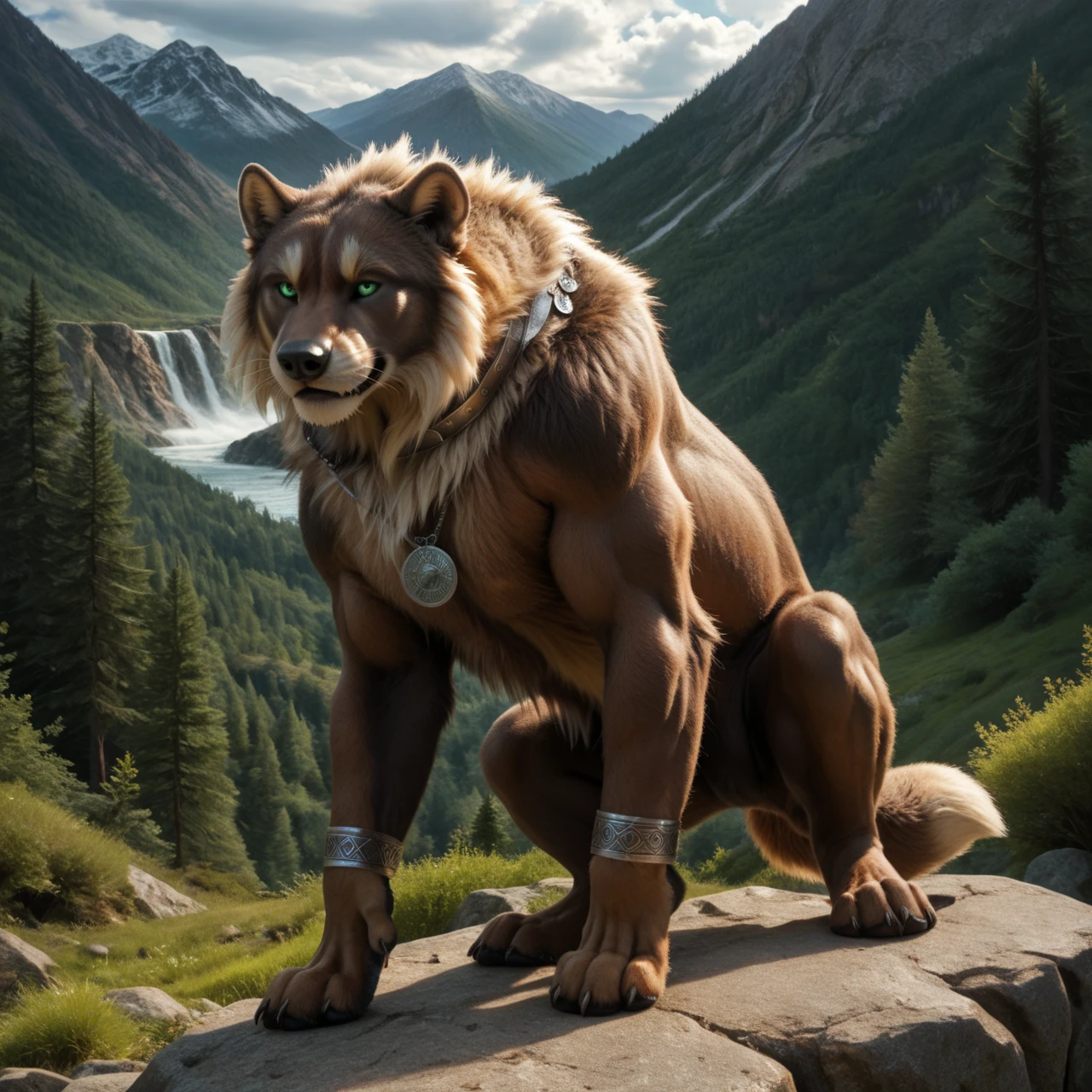 score_9, score_8_up, score_7_up, score_6_up, wolverine, male, bright colors, with mane, (anthro|feral), leaning back, naked, human-like hands, (detailed background), nature, in the high mountains, (solo), high quality, furred body, fluffy, silver bracelets on all legs, silver bracelets on the calf, with claws, silver collar with medallion, intense panther-coat-pattern on the entire body, (detailed eyes, green eyes), slightly muscled, highly detailed, beautiful, photorealism, photorealistic, dslr, photo, full body, pawpads, paw pads