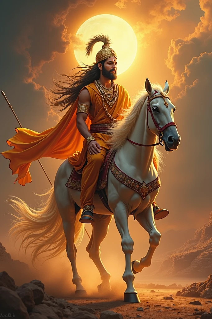 The Indian god ramdevpir in hand spear and indian clothe with white horse and golden Crown