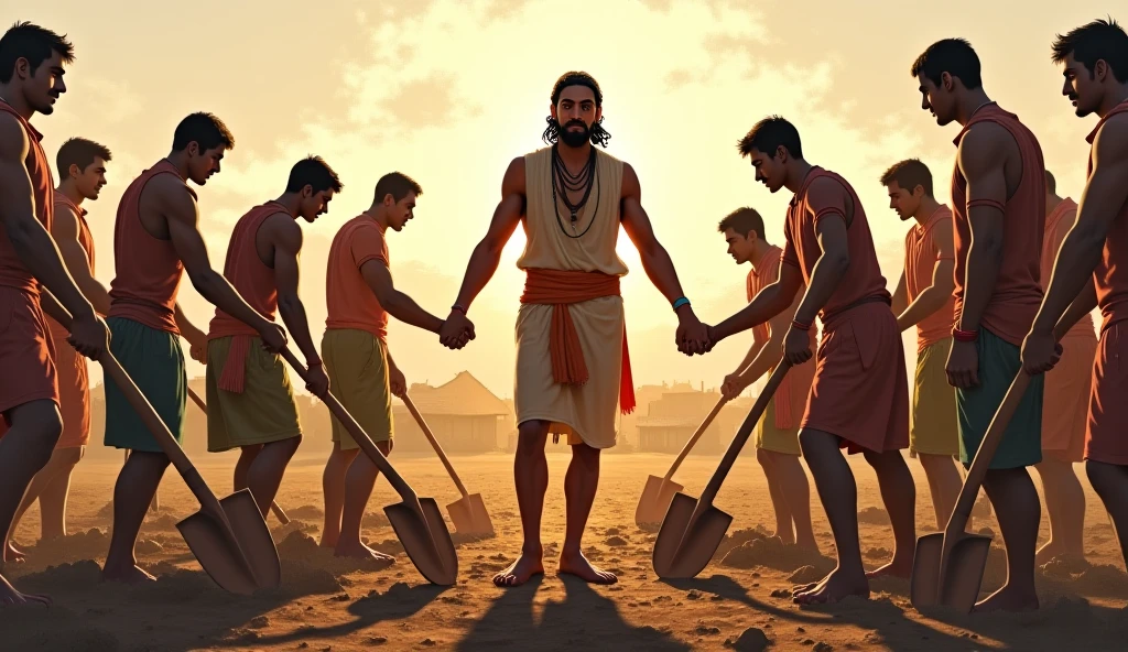 Villagers Mocking Dhruv
Description: A comic-style image of Dhruv walking through the village with his water pots, while a few villagers, dressed in simple village attire (loose shirts and lungis), are laughing at him. Dhruv remains focused on his task, wearing his usual white dhoti and brown kurta. The villagers are gesturing mockingly, indicating that they think his efforts are futile.