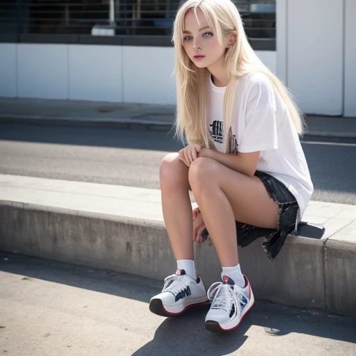 (masterpiece), (best quality), natural beauty, beautiful, natural body, Scandinavian, Mexican , Polish 25 yr old young Woman, long messy dirty blonde hair ,baggy shirt, biker shorts, an
d high top sneakers  