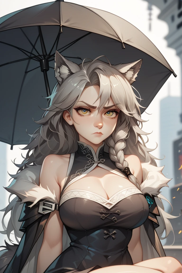 Penance, Arknights, Cute Girl, Medium Boobs, Black Umbrella, Black themed dress, Gray hair, Tangled Hair, no exposed skin, Wolf Ears, Wolf Tail, Wolf Hair, Judge, serious face, mature, Tsundere, Futuristic Background, wallpaper