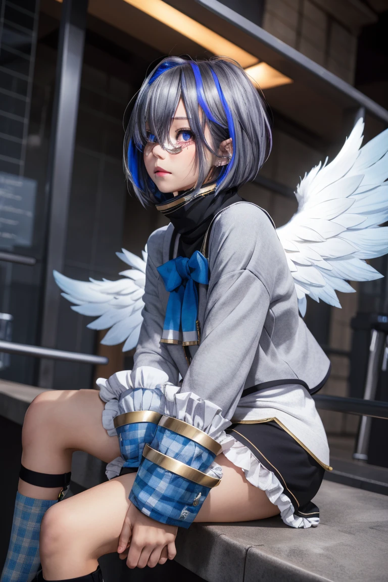  from the side 1 girl ,  4 Kanata, star halo, Alone, halo, Angel Wings, Multicolored Hair,  asymmetrical hair ,  single hair inlet on wrist,  purple eyes,  bracelet ,  short hair ,  Blue Hair,  gray hair, socks,   long sleeve  ,  gray jacket ,  bob cut,   streak hair, bangs, frills,  wide sleeve, White Feather, black skirt,  hair hangs over one eye ,  frill skirt, blue socks,  sleeve that goes past the wrist,  turtleneck dress ,  Miniskirt , Blue Wings,  sitting ,