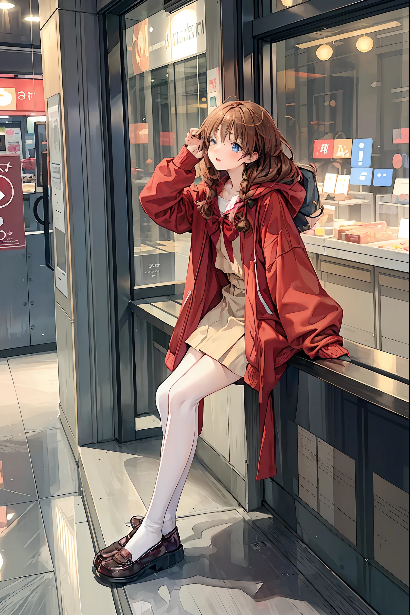 Winter clothes、Red coat、Bare legs、(Speaking Heart), happy , open your mouth, close eyes, ( Top Quality ,Masterpiece:1.3, Ultra-fine ),( very detailed, caustics ,8k),( realistic :1.4,RAW shooting),18 years old, Japanese , cute, カメラを見て笑faceで ,( face :1.2),( low angle:1.4), slender beauty , messy hair,Cityscape, brown hair, Shortcut , tousled hair , short braided hair,Neat, Slender and beautiful woman,Correct posture, small breasts, Beautiful Legs, Her enchanting gray-blue eyes shine like stars,Droopy eyes, bright color, beautiful eyes,繊細な笑face, Textured Skin, Boasting the highest quality , A Parody of a Gentle and Beautiful Woman , anime style 、