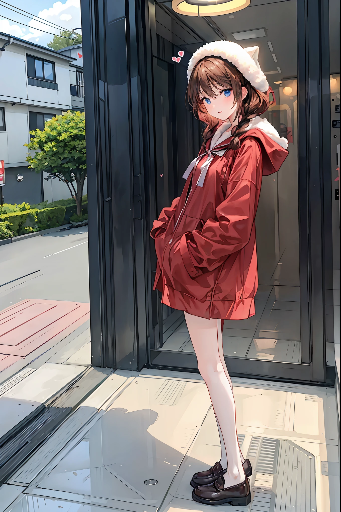 Winter clothes、Red coat、Bare legs、(Speaking Heart), happy , open your mouth, close eyes, ( Top Quality ,Masterpiece:1.3, Ultra-fine ),( very detailed, caustics ,8k),( realistic :1.4,RAW shooting),18 years old, Japanese , cute, カメラを見て笑faceで ,( face :1.2),( low angle:1.4), slender beauty , messy hair,Cityscape, brown hair, Shortcut , tousled hair , short braided hair,Neat, Slender and beautiful woman,Correct posture, small breasts, Beautiful Legs, Her enchanting gray-blue eyes shine like stars,Droopy eyes, bright color, beautiful eyes,繊細な笑face, Textured Skin, Boasting the highest quality , A Parody of a Gentle and Beautiful Woman , anime style 、
