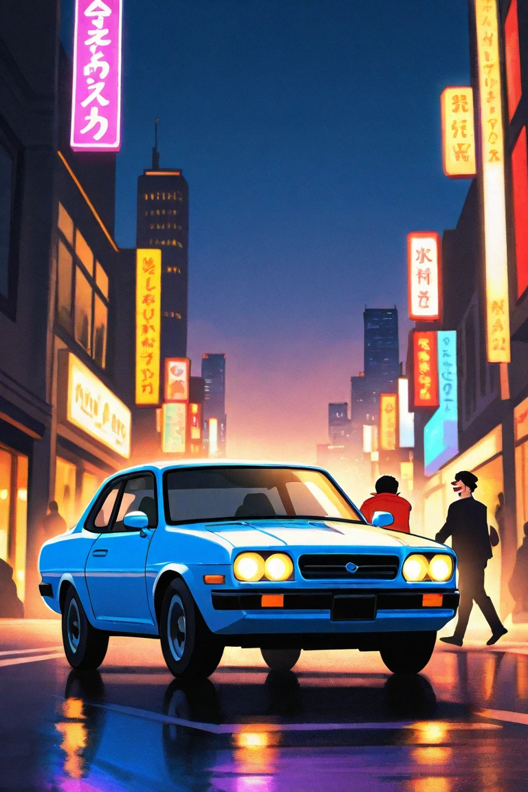 cars and roads with the lights of the city Tokyo at night with the stars in the sky, three friends 2 men and a woman , walking down the street laughing