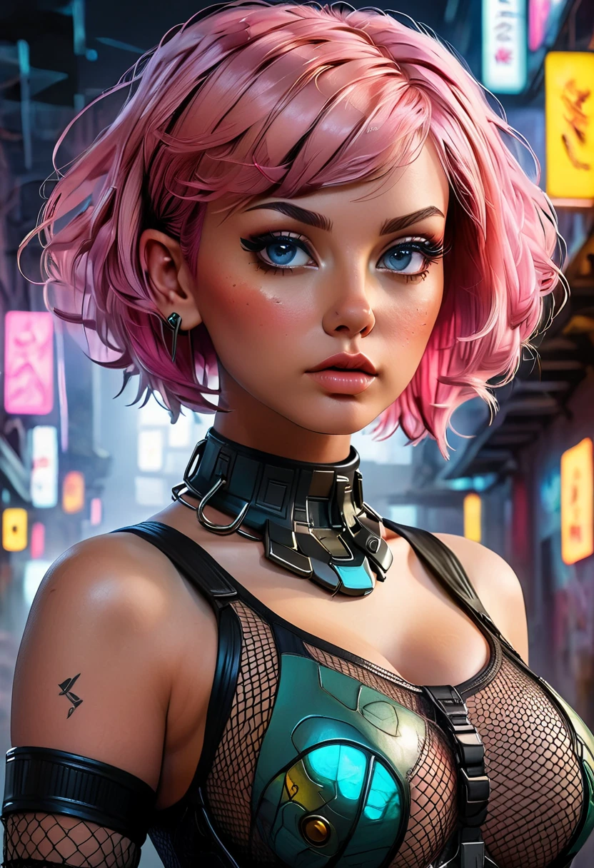 a highly detailed portrait of a young woman with short pink hair and a curvy figure, wearing a cyberpunk-inspired outfit with fishnet stockings, large breasts, and dramatic eye makeup, masterpiece, best quality, photorealistic, 8k, ultra-detailed, vibrant colors, dramatic lighting