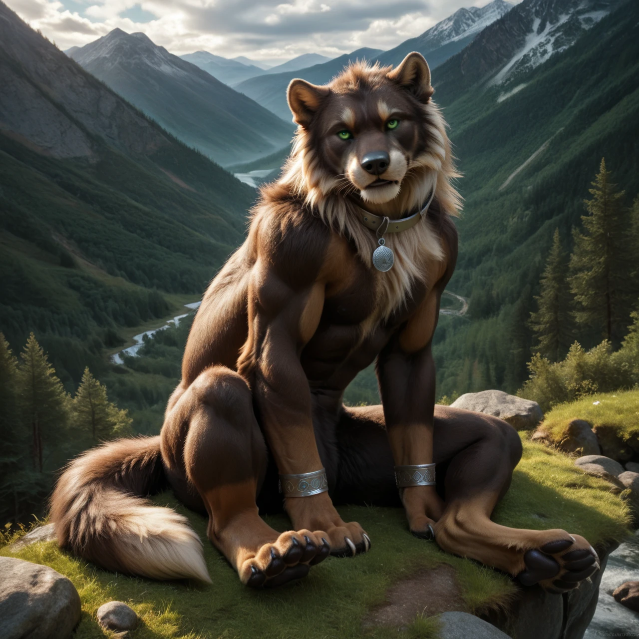 ((lying on the rock)), 4k, high resolution, best quality, perfect colors, perfect shadows, perfect lighting, bright fill light, (low-angle shot:1.2), posted on e621, furry body, solo, anthro wolf, male, tan belly fur, adult, ( buff, massive, huge, manly, masculine, heavyweight:1.4),((fully naked body)), butt focus, wet anus, lube , male genital back ward, penis tuck , foreskin, flaccid foreskin genital, balls, fur balls, detailed genital, nipples , sweat, wet fur, flowing line of precum to the ground, ((correct anatomy)), (photorealistic fur, detailed fur, scars, epic, masterpiece:1.2), detailed forest background, forest, water steam, waterfall, warm tone, wolf tail, (by Taran Fiddler), (detailed wolf eyes:1.2), handsome face, attractive cool aroused face, aroused.