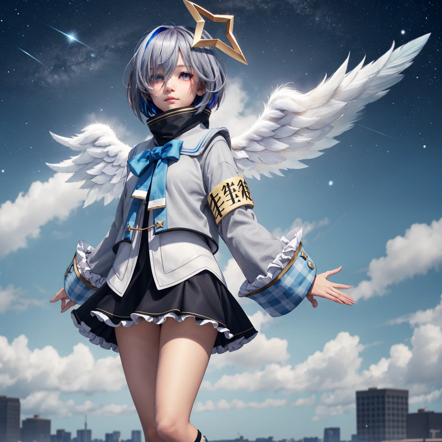  from the side 1 girl ,  4 Kanata, star halo, Alone, halo, Angel Wings, Multicolored Hair,  asymmetrical hair ,  single hair inlet on wrist,  purple eyes,  bracelet ,  short hair ,  Blue Hair,  gray hair, socks,   long sleeve  ,  gray jacket ,  bob cut,   streak hair, bangs, frills,  wide sleeve, White Feather, black skirt,  hair hangs over one eye ,  frill skirt, blue socks,  sleeve that goes past the wrist,  turtleneck dress ,  Miniskirt , Blue Wings,  is standing, illustration style 