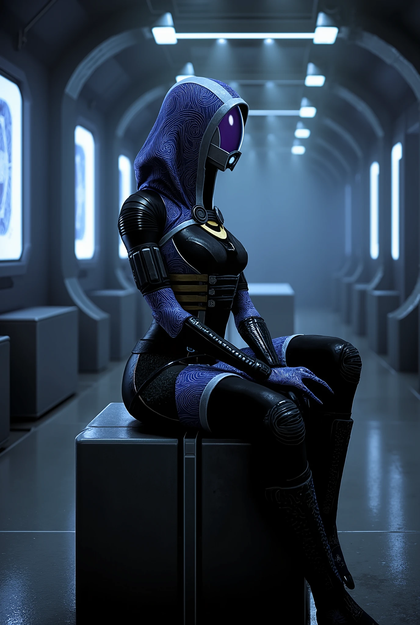 Tali'Zorah, thick thighs legs crossed, sitting at an empty cyberpunk club