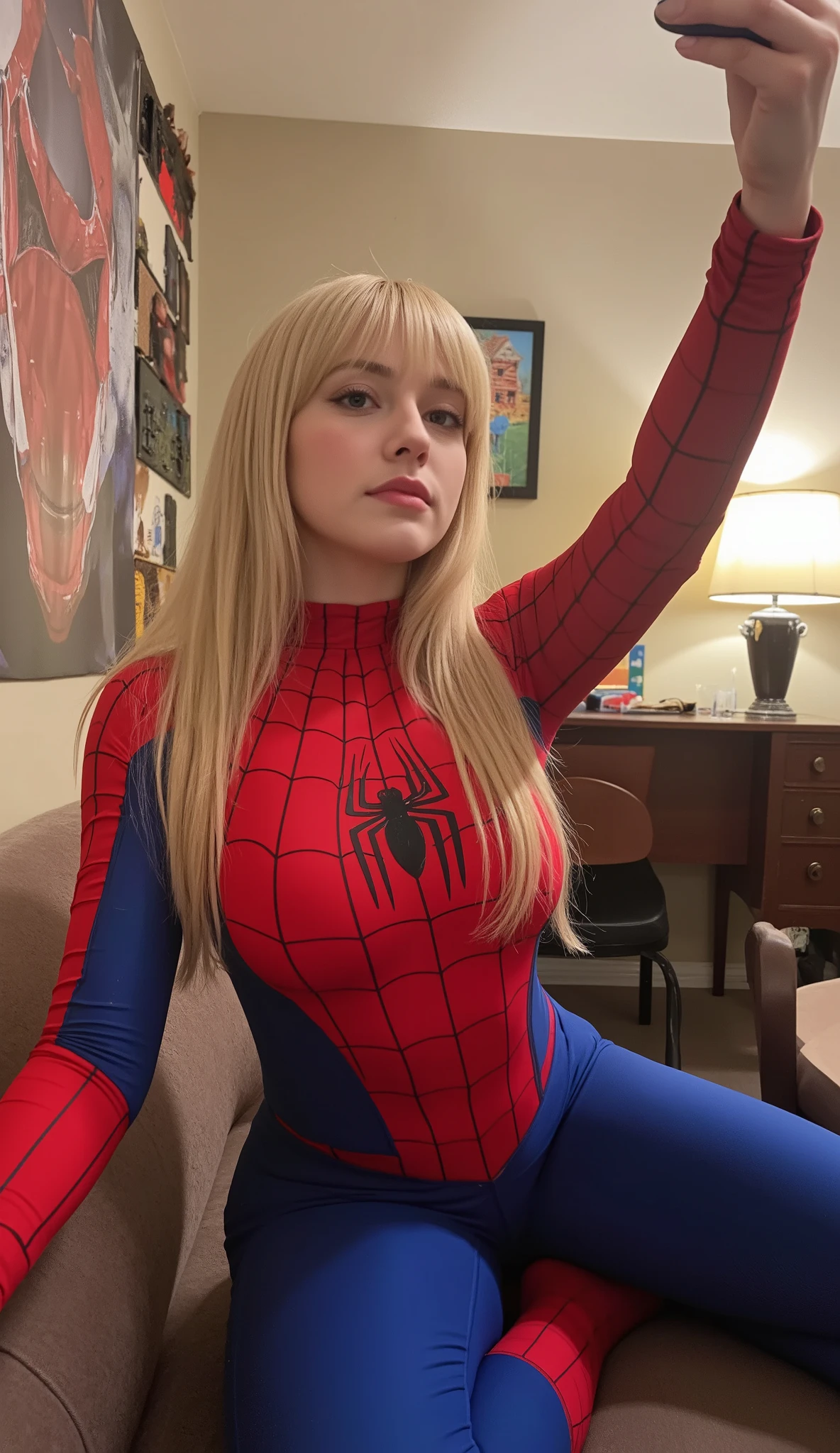 amateur shot a selfie pov of an instagram . a woman sitting on a chair in a cozy themed student room without make up, she has long blonde hair with bangs,wearing a Spider-man cosplay , big boobs, natural face , pale skin, curvy, show body figure