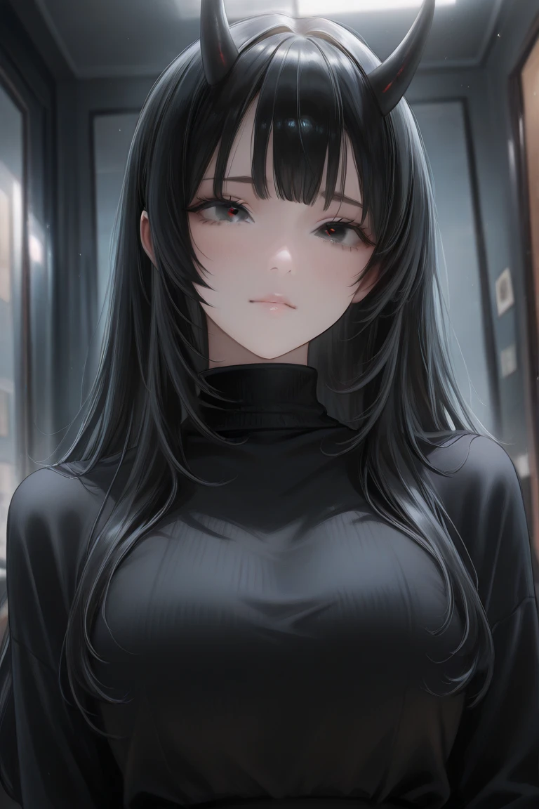 An anime girl, long black hair with horns black, light black eyes, wearing a black turtleneck sweater