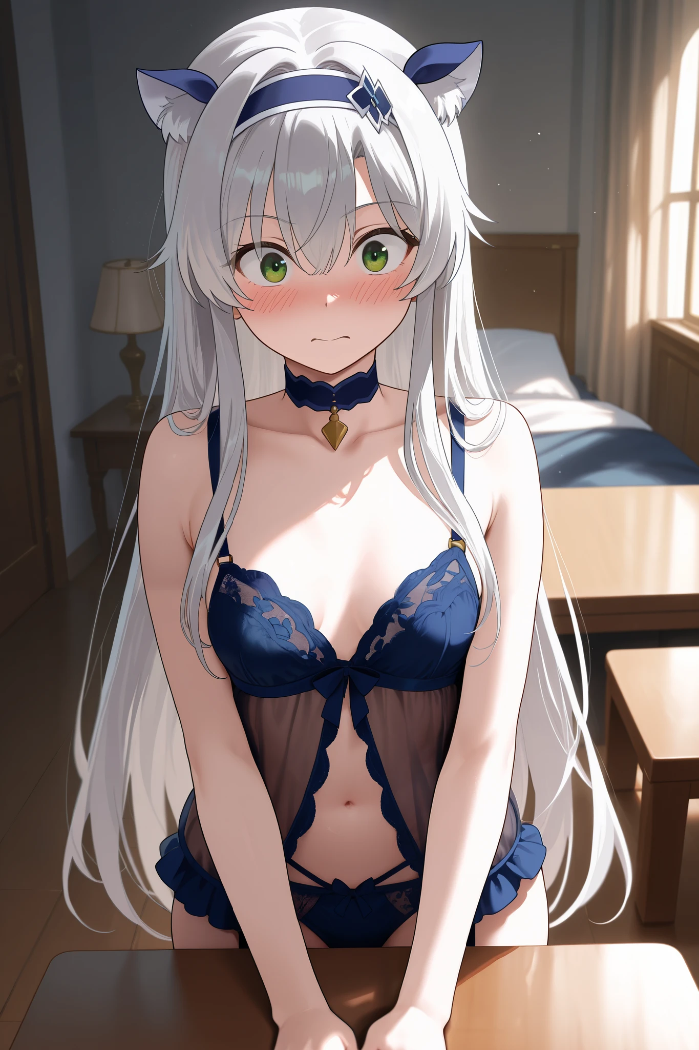 NSFW,masterpiece, top quality, high definition, very detailed,Sistine＝Fiebel 、 Roku Denashi Magi Instructor and Akashic Records、 green eyes、 gray hair、stupid hair、 small breasts、 long hair、 Blue Hairband 、 fake animal ears , High Quality Lingerie ,Very surprised face,Embarrassed,blush, living room , table ,Hide the body