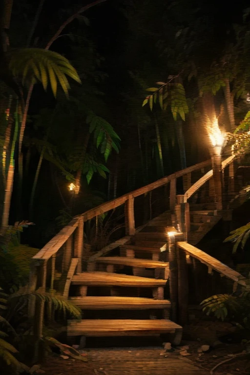 Forest walkways, wooden pillars, bamboo staircase, trees, lit torches, crt tv