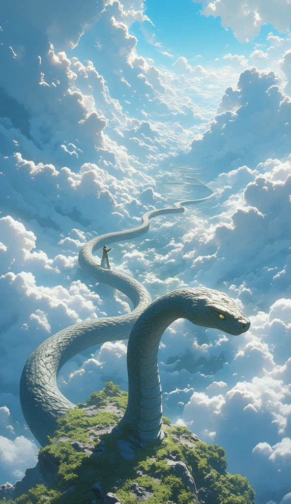 statue snake, snake path, endless path, snake head statue in the beginning of the path at the bottom of the image, above the snake head is its body which is an endless pathway into the cloud, the snake head facing the viewer, on clouds