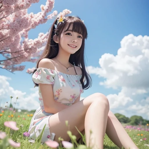  80s anime-style anime girl is sitting in a field of flowers and looking at the camera,  smiles.  pastel colors