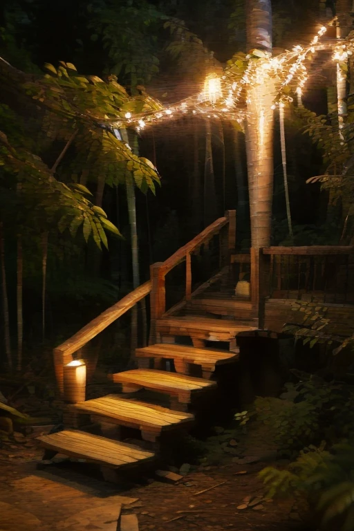 Forest walkways, wooden pillars, bamboo staircase, trees, lit torches, crt tv