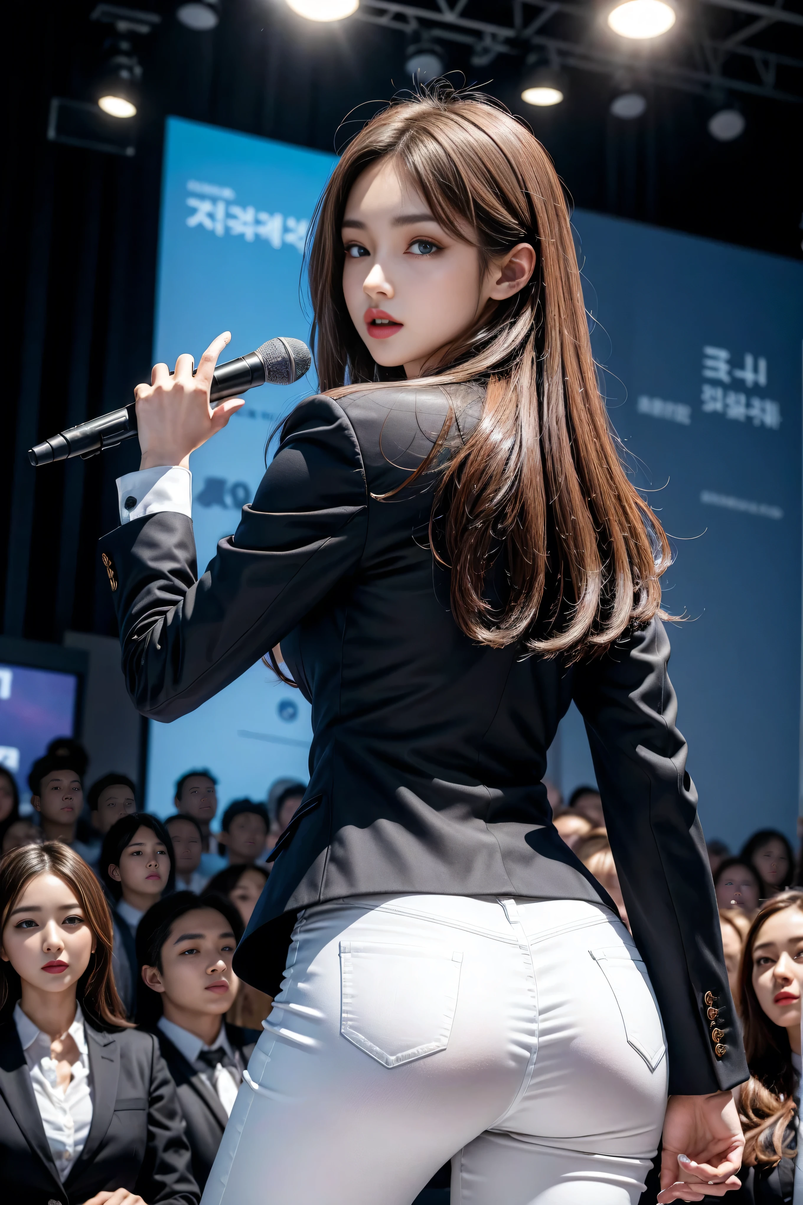 （8k，Highest Quality，masterpiece，practical，Super detailed：1.3），（1 girl，Beautiful Korean girl, Korean pop idol），（Black suit jacket：1.2），（White skinny trousers：1.1），（Serious expression：1.2）discuss，（speech，Handheld Microphone：1.2）（crowd，audience：1.3），Sexy long legs， （Thigh gap：1.5），Wide hips，S-Shaped Body， Hips lifted，，black hair，（Ass Focus：1.1）Shot from behind