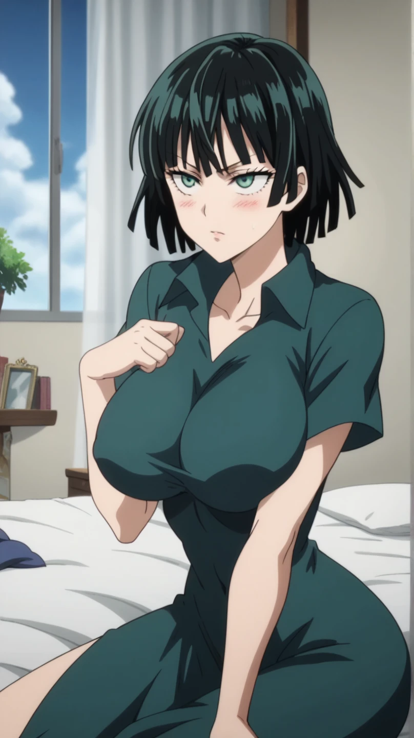 Prompt: (huge gigantic super mega hyper:1.2),(biggest round giant massive :1.2), (only one women) front view, bed room,night dress,sexy poses, source_anime,masterpiece,best quality,highres,absurdres,official art,official style,source_anime,anime screencap,anime coloring,megami magazine,anime,animated,explicit, shiny skin,large breasts,  black hair , fubuki ,one punch man,blush, side, on side,   fubuki,