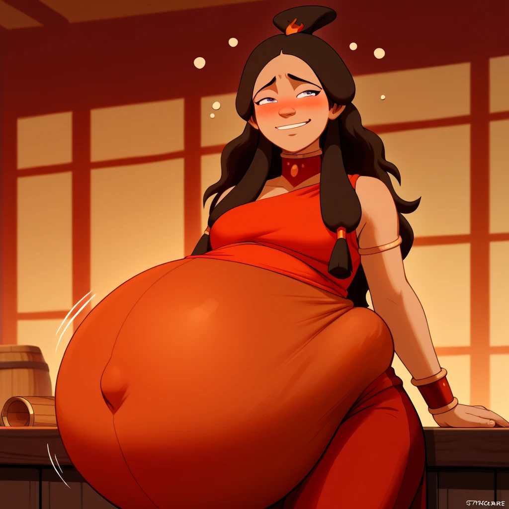 1girl,chubby, thick, at the palace, Ty lee, adult, embarrassed, blushing, touching her chubby belly. big breasts. wide hips, thick thighs. fire nation clothes. hands on belly.