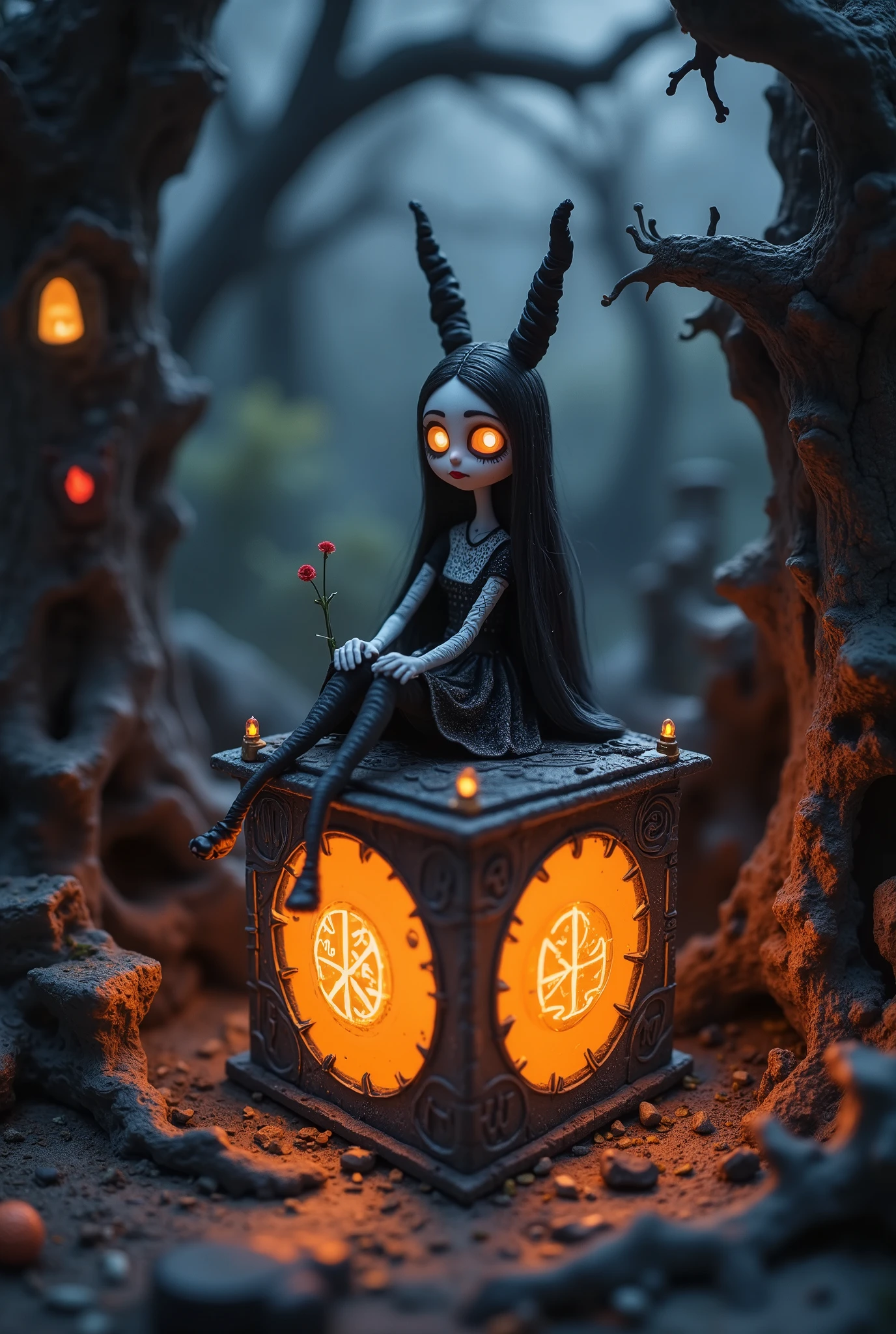 Tim Burton style, Alice in Wonderland. A very detailed diorama in a whimsical , matte art style , with a glowing mystical box . orange light flows from its runes through cracks and openings . The box is surrounded by eerie , threatening trees .The scene is set in a dark forest , where frightened animals such as cat glow , 
The eyes are magically attracted to a Mahou Shoujo, that sits on the box . (nightmare before Christmas makeup, Face Painting:1.5), 
The textures are soft , matte and toy-like , with a handmade premium look .