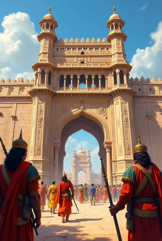 a Babylonian king declaring something in front of Babylonians, magnificent palace and Babylon city background, dust, people hearing him, bunch of guards on the king side, hd, realistic, masterpiece --auto --s2