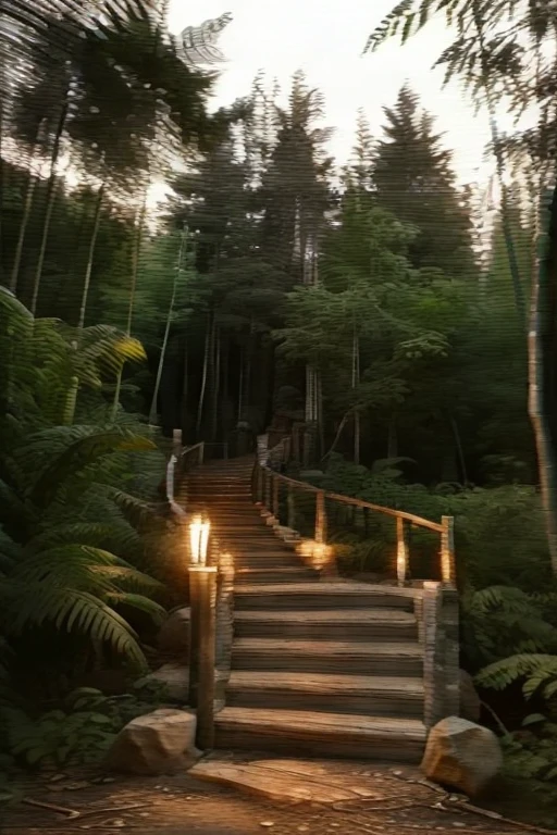 Forest walkways, wooden pillars, bamboo staircase, trees, lit torches, crt tv