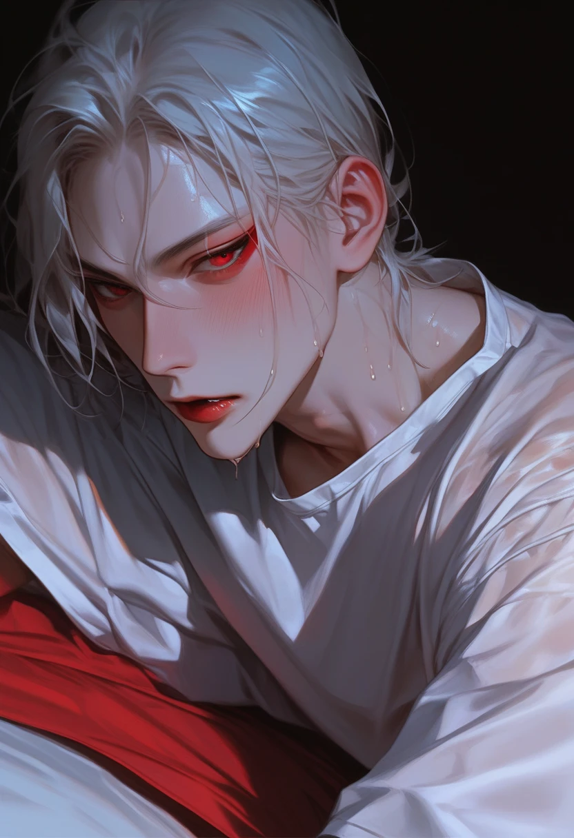 On the bed，躺在On the bed， Korean cartoon style ， young and vibrant ，  is in good shape  ，  smooth skin ，  beautiful face ,  handsome. 脸瓜子脸，  Korean cartoon style  ，Slightly loosened shirt, Middle Ages，  white skin， wet hairstyle  ， Sweating，gasping ，saliva， Blusher, ，  black long hair,  vampire, Gorgeous red eyes  ，  handsome. 