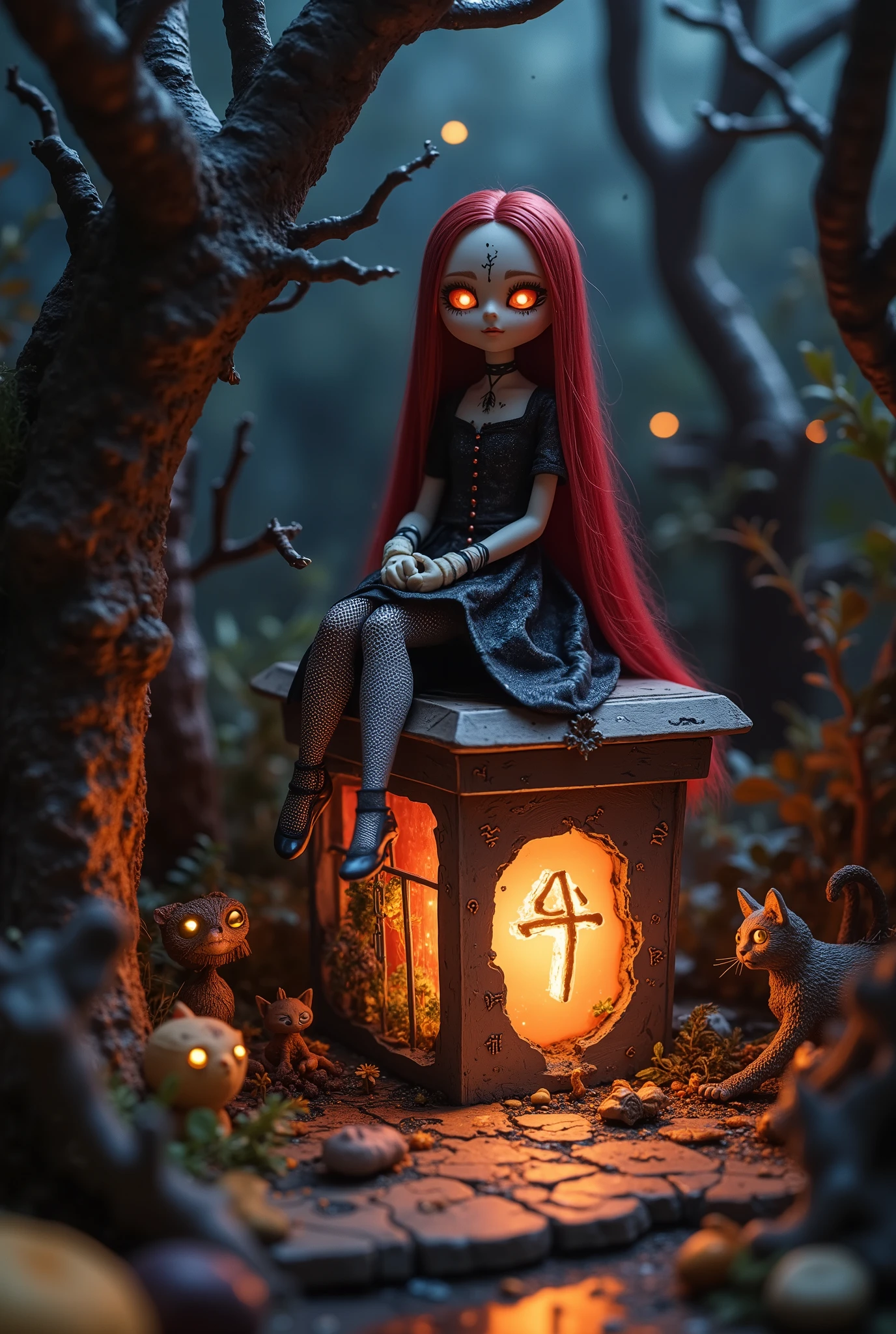 Tim Burton style, Alice in Wonderland. A very detailed diorama in a whimsical , matte art style , with a glowing mystical box . orange light flows from its runes through cracks and openings . The box is surrounded by eerie , threatening trees .The scene is set in a dark forest , where frightened animals such as cat glow ,
The eyes are magically attracted to a Mahou Shoujo, that sits on the box . (nightmare before Christmas makeup, Face Painting:1.5),
The textures are soft , matte and toy-like , with a handmade premium look .