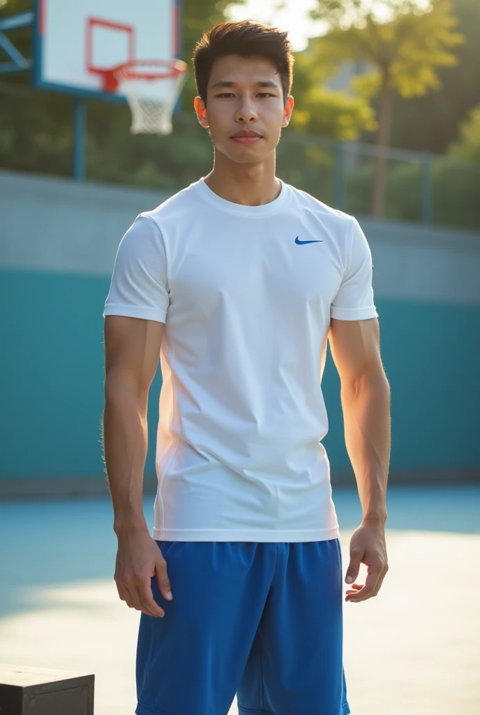 Tony Labrusca, (As a matter of fact, Masterpiece, 8k HD, good light quality, sportswear, fit the face, complicated details), A handsome, muscular young Korean man. , 20 years old, be happy, smile brightly, detailed face, delicate eyes, มองดูsky, Wear a navy tight T-shirt.:1.6, period, black eyes, Black hair color, ผมsmooth, smooth, outdoor sports, Along the garden, Sunny,sky，Surreal，Awesome details，Highest quality，real，Open your mouth to talk.