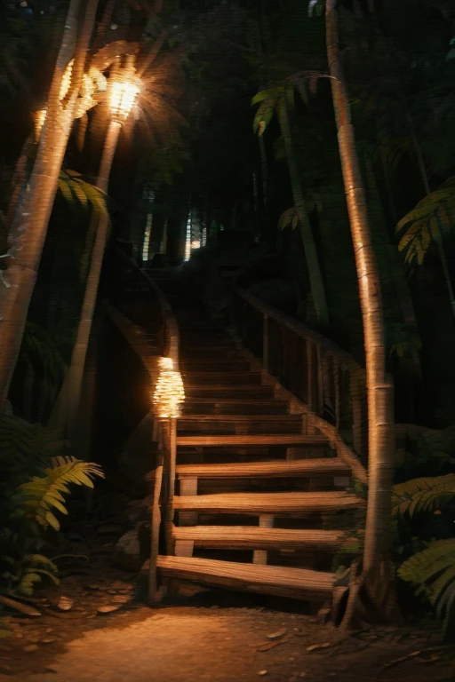 Forest walkways, wooden pillars, bamboo staircase, trees,  night, lit torches, crt tv