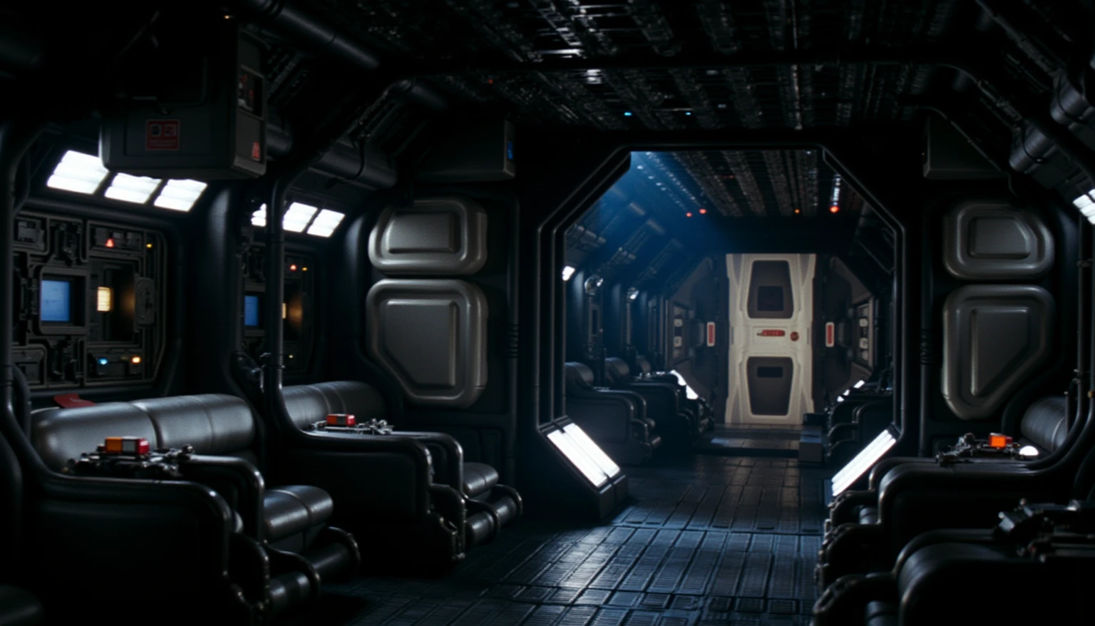 ohwx set design, a photo of  the movie alien romolus interior set design, cinematic lighting