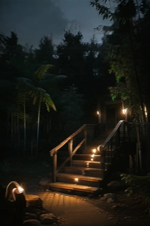 Forest walkways, wooden pillars, bamboo staircase, trees, night, lit torches, crt tv