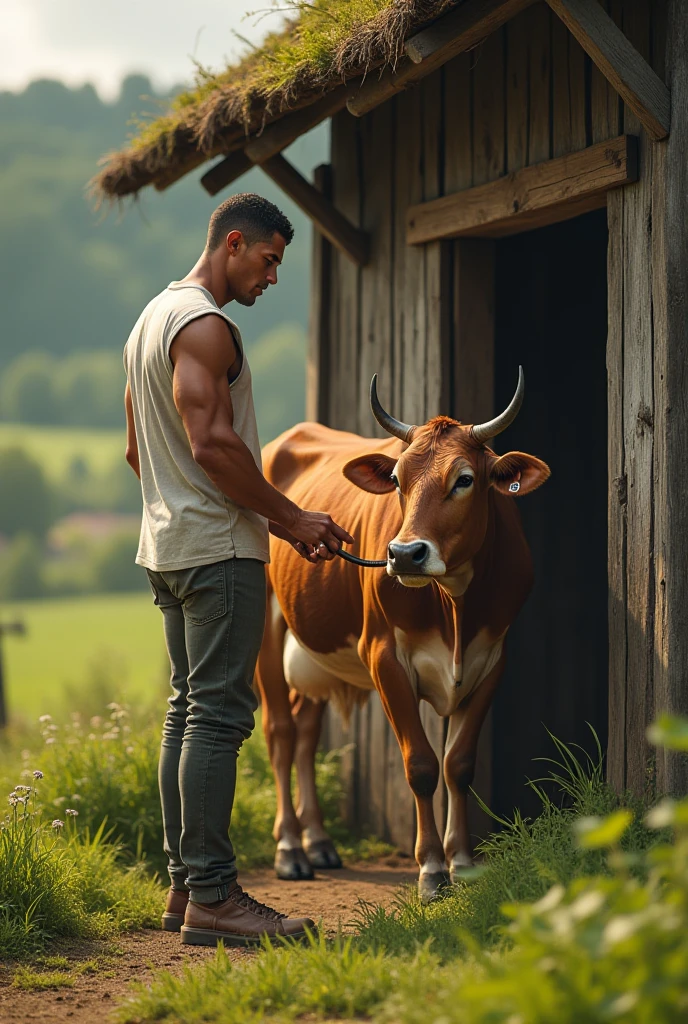 man attaching bull with cart