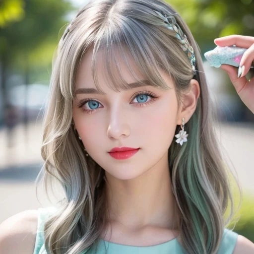 Close-up of a person holding an ice cream cone, Sweet girl,  woman with wavy silver hair, bangs,  light blue eyes,  red lips, Soft green dress,