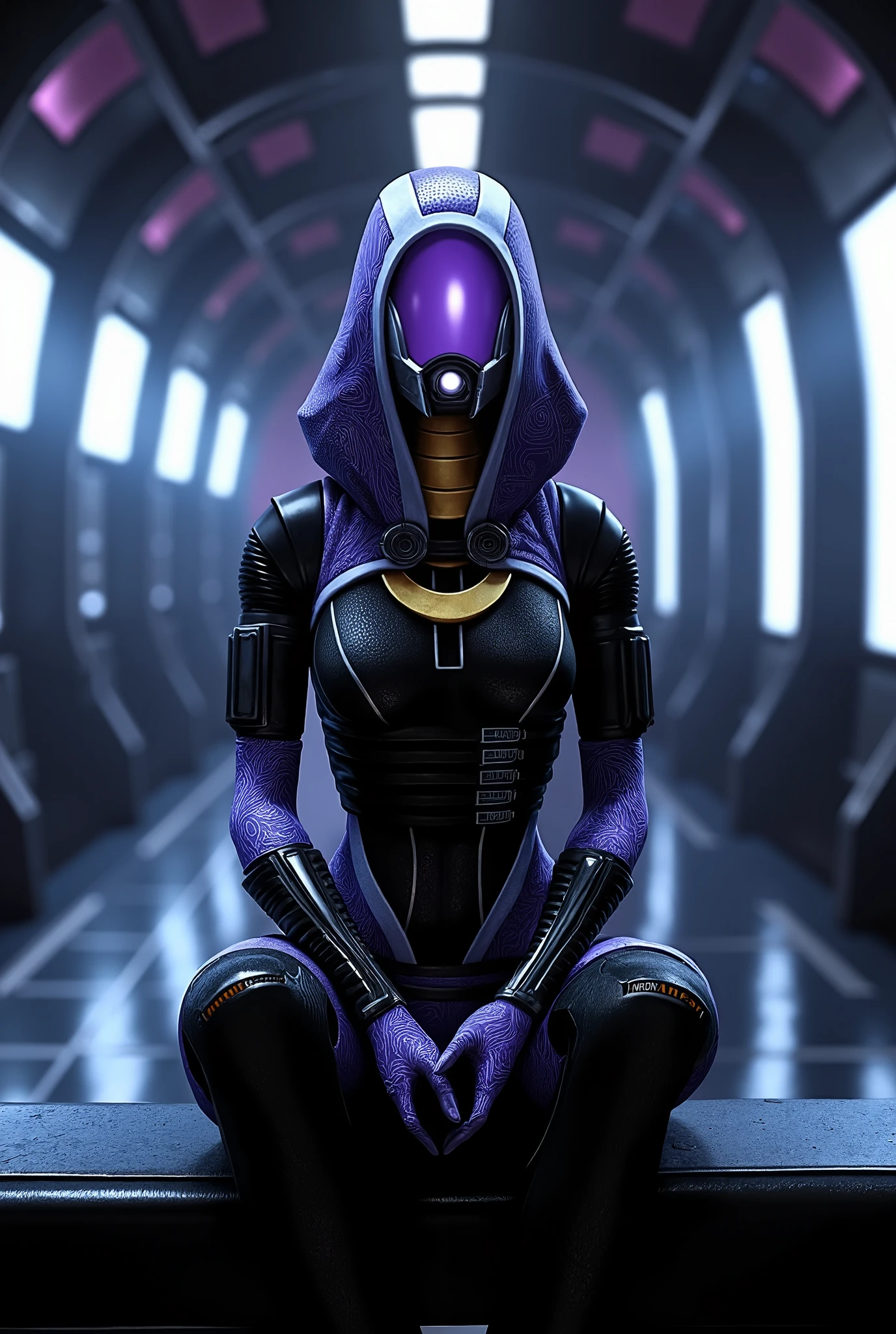 Tali'Zorah, thick thighs legs crossed, sitting at an empty cyberpunk club 