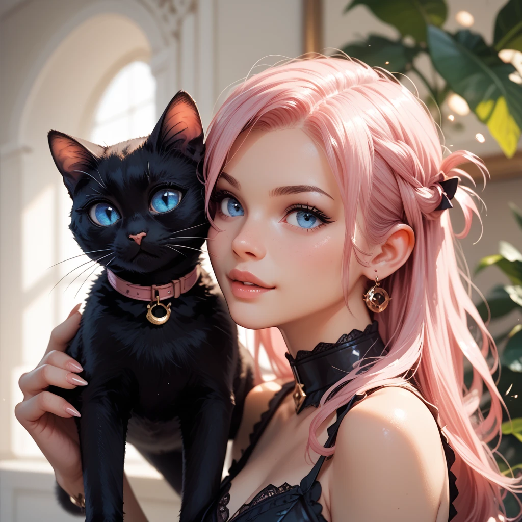 Girl with cat, Black Cat, Pink hair Blue eyes, Avatar