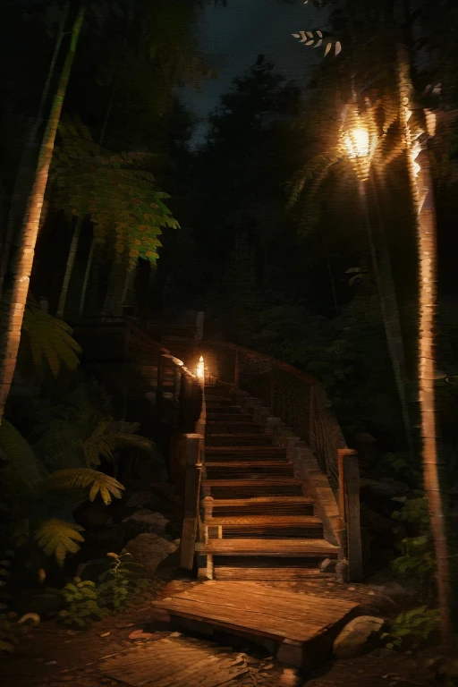 Forest walkways, wooden pillars, bamboo staircase, trees, night, lit torches, crt tv