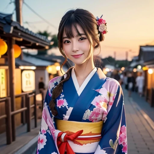 ((( Top Quality, 8k, Masterpiece))),  sharp focus , ( a beautiful woman with a perfect body ), slender, ( hairstyles at their best:  up)), (( kimono: Cane)), street: 1.2 高精細な顔と肌の質感 詳細な目  double eyelids ランダムな姿勢, (smile),s uper cute Japan person,s uper beauty Japanese girl,  Realistic Face,  double eyelids,smile,  summer festival   , At sunset ,Fireworks Background.