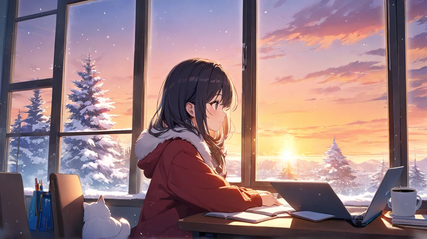 A beautiful Japanese anime-style illustration featuring a cute girl sitting at her desk, mesmerized by the view of a snowy landscape glowing in the hues of a stunning sunset through the window. She is studying at her cluttered desk, which holds a laptop, scattered notebooks, and pencils. Beside the laptop, a small, fluffy cat is sitting calmly, adding a cozy and endearing touch. A steaming cup of coffee is also on the desk, enhancing the warm and peaceful atmosphere. The scene captures the soft, magical colors of the sunset reflecting on the snowy scenery."