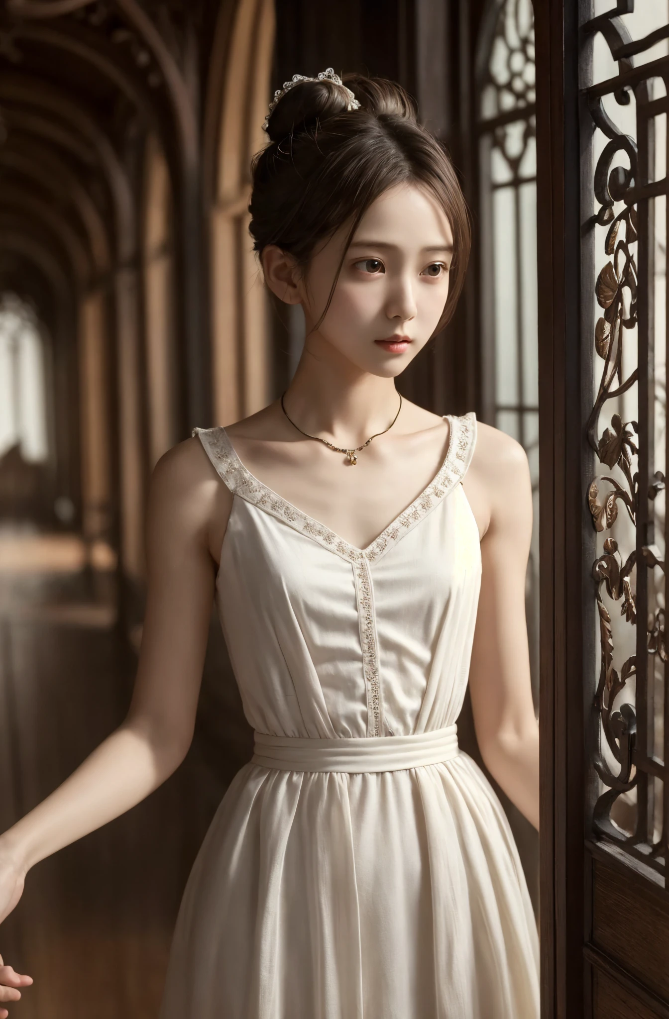  Unity 8K Wallpaper,  more details,  beautiful,  beautiful, masterpiece,  top quality, vibe, mystery, Romanticism, literature, art, fashion,  Victorian, Decoration, Complexity, Ironwork, race, meditation, Depth of emotion,  Supernatural, 1 girl, white skin,White Shoulders,Narrow shoulders,Thin arms, slender waist, bun hair 