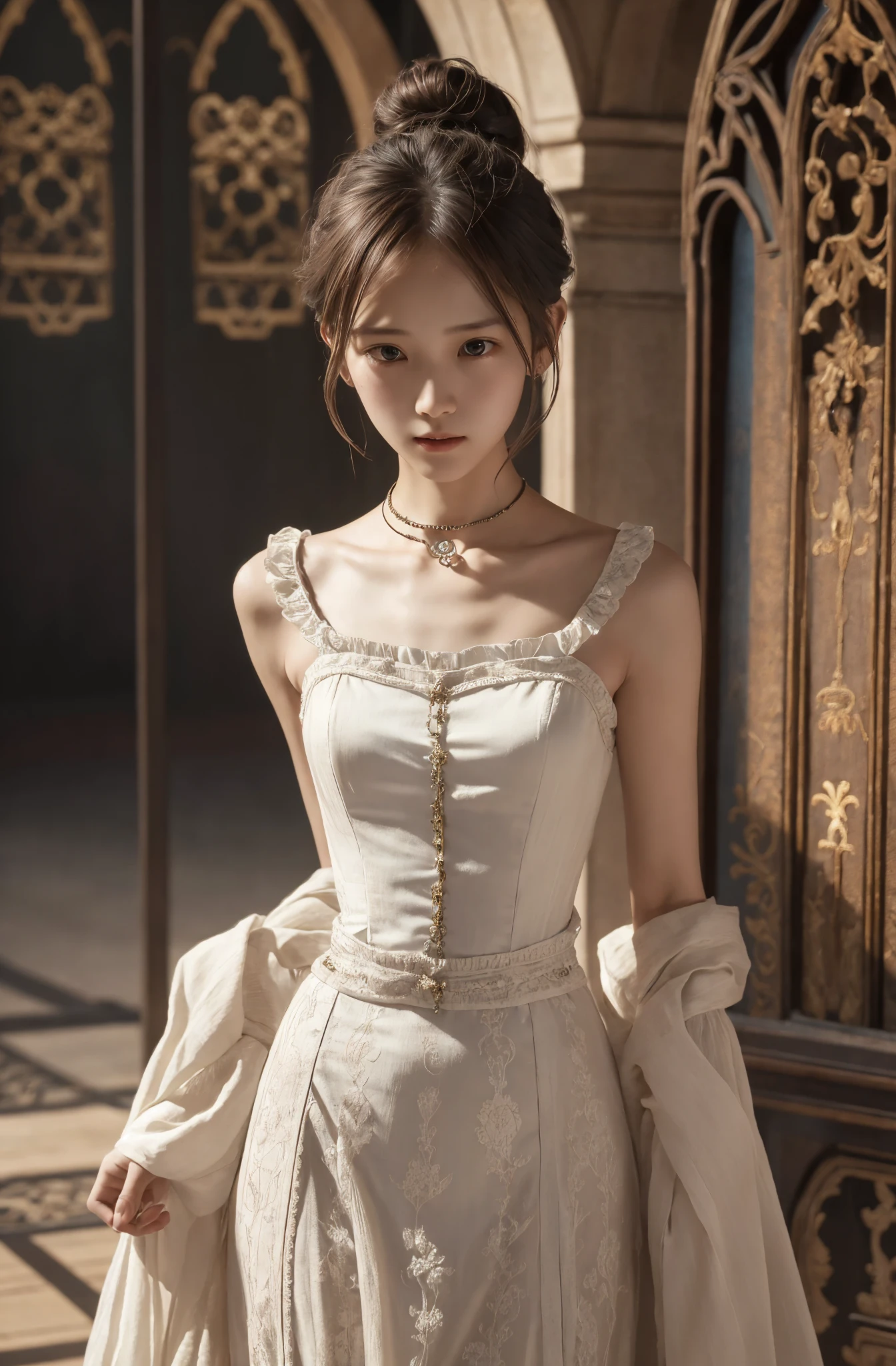  Unity 8K Wallpaper,  more details,  beautiful,  beautiful, masterpiece,  top quality, vibe, mystery, Romanticism, literature, art, fashion,  Victorian, Decoration, Complexity, Ironwork, race, meditation, Depth of emotion,  Supernatural, 1 girl, white skin,White Shoulders,Narrow shoulders,Thin arms, slender waist, bun hair 