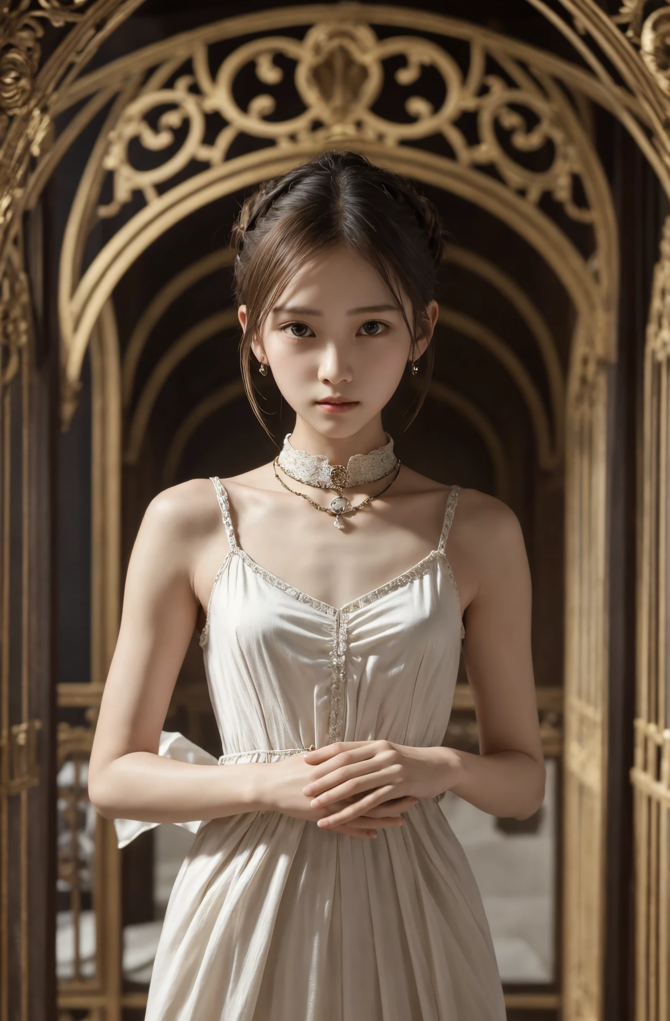  Unity 8K Wallpaper,  more details,  beautiful,  beautiful, masterpiece,  top quality, vibe, mystery, Romanticism, literature, art, fashion,  Victorian, Decoration, Complexity, Ironwork, race, meditation, Depth of emotion,  Supernatural, 1 girl, white skin,White Shoulders,Narrow shoulders,Thin arms, slender waist, bun hair 