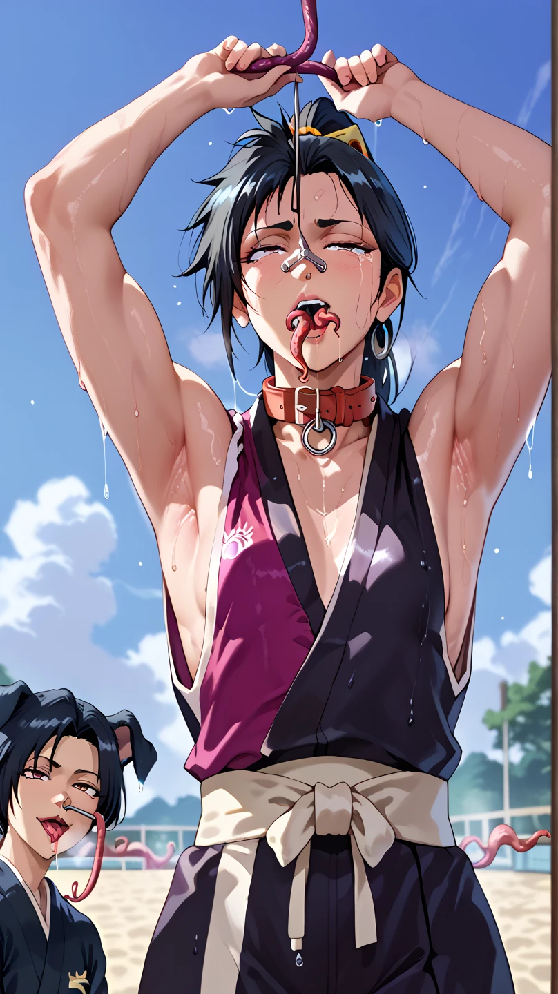 a picture, inspired by Kentaro Miura, trending on pixiv, soifon from bleach, black uniform, favorite scene, fine details, skins, sweating, small breasts, both hands raised, armpits, (small head),armpits visible, dripping with sweat, more and more sweat, ((Japanese clothes)),open mouth,rolling eyes,muscle,kneel down,open legs,For the audience, (muscle:1.2),Looking at the audience, tired, (small breasts),sexy body,perfect body,(drooling), tears, head wet, (runny nose), black hair, (dog collar) ,transparent nose hook, ((tentacle in mouth)),tentacle in ears,ponytail,Face wet,face dirty.