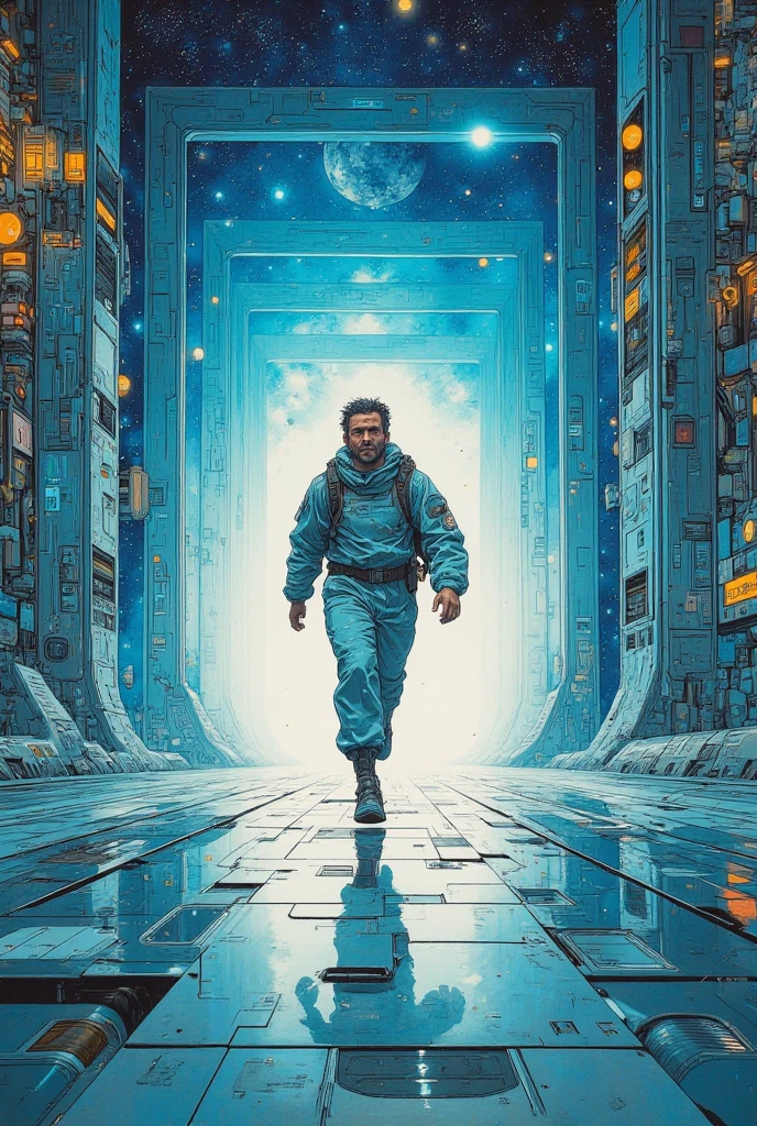 Infinity Corridor painting leading to the starry sky ,  Joffra Boschart depicting a man running through the Infinite Corridor ,  CG Society Contest Winner , Space Art, Ancient Sci-fi Art ,  rising universe , Decorative Spaceship Paintings ,  future city star gate , Ancient futuristic ,  Greg Beeple , Cosmic architecture ,  mid-journey multiverse 