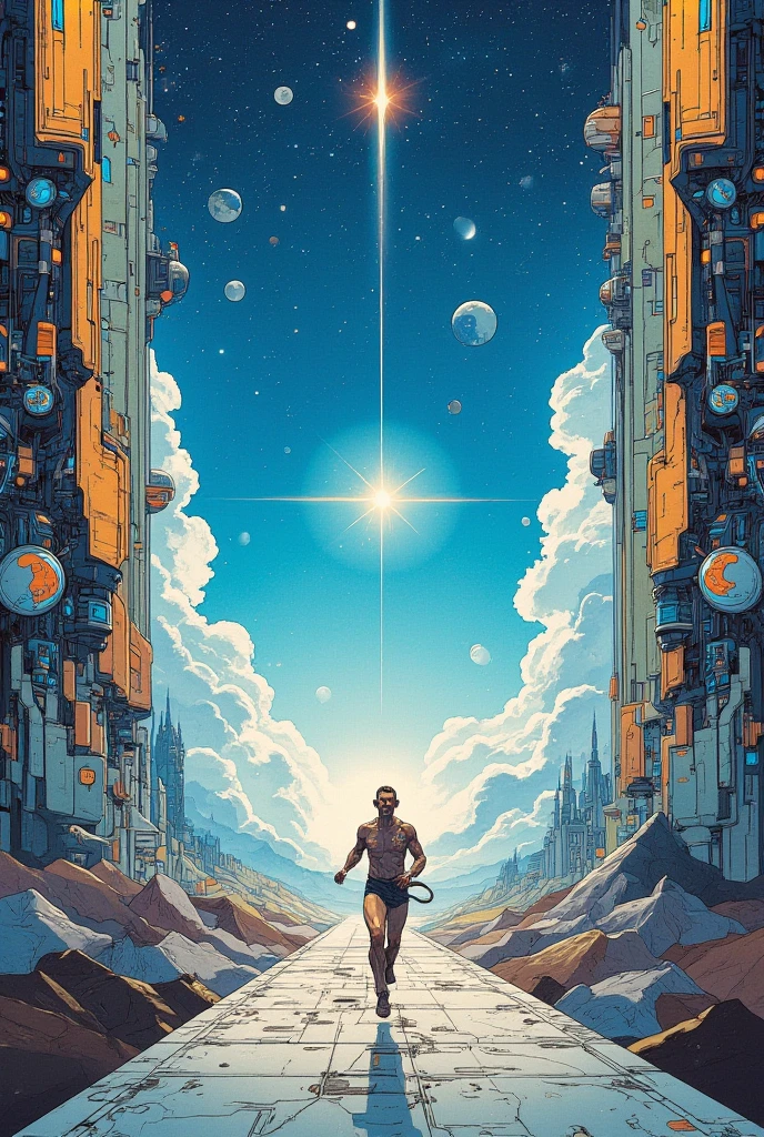 Infinity Corridor painting leading to the starry sky ,  Joffra Boschart depicting a man running through the Infinite Corridor ,  CG Society Contest Winner , Space Art, Ancient Sci-fi Art ,  rising universe , Decorative Spaceship Paintings ,  future city star gate , Ancient futuristic ,  Greg Beeple , Cosmic architecture ,  mid-journey multiverse 