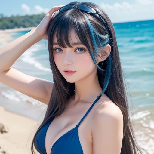 Masterpiece,  top quality,  is standing, liselottecretia,  ogipote,  long hair,  wave hair, bangs,  hair between eyes , hair bow,  blue eyes, ( Blue Hair:1),  black bikini,  Beach  