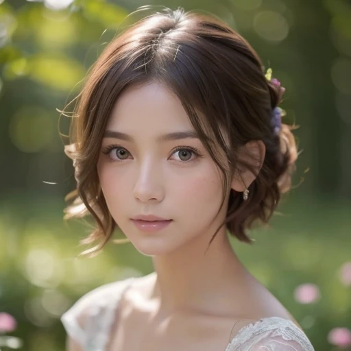 Cute woman in the drizzle, ( elegant ,  beautiful faces), Transparent white dress, Forest Moss, (Freckles:0.8), Flower Field, , Curly Red Hair,  Magical Atmosphere , ( short hair ), (( detailed skin,  Skin Texture )),  more details, ( in fine detail,  details,  hyperdetail),  ray tracing,  subsurface scattering, ( against the backdrop of a fantasy underworld), Soft diffused light,  shallow depth of field,  on ne (Weather in Oliver),  Sharp Focus Bokeh , ( photo quality is very high :1.4)