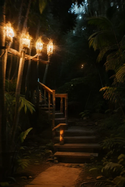 Jungle walkways, wooden pillars, bamboo staircase, trees, night, lit torches, crt tv